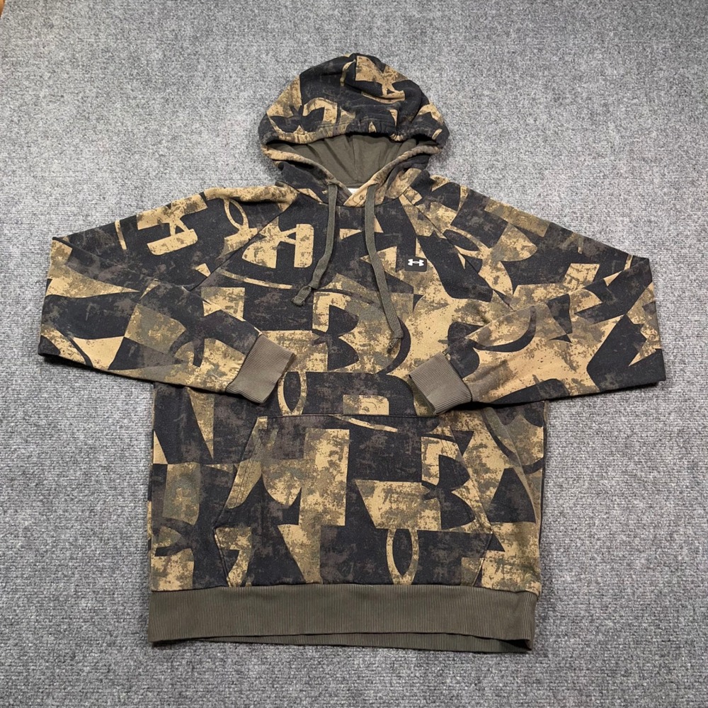 Under Armour Rival Fleece Hoodie Mens Med Camo AOP Logo Green Streetwear Outdoor